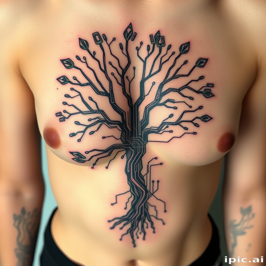 Surrealist tattoo combining elements of nature and technology on the ribcage, featuring a tree with circuit board branches and digital leaves in muted earth tones
