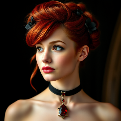 A young woman with bright red hair styled in a voluminous updo adorned with black floral accents, wearing a black choker with a large red gemstone pendant, looks off to the side with a slightly pensive expression, her face softly lit against a dark background.  The image is composed as a portrait, shot from a close-up perspective, with the subject filling most of the frame.  The woman's skin appears fair and flawless, with a subtle glow.  The overall atmosphere is elegant and slightly dramatic.