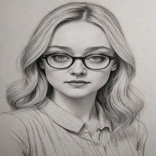 Superb Dakota Fanning, pencil sketch, portrait of Gorgeous woman 1936s in glasses, hair style beatnik, outline, clear lines, fine lines, 8k