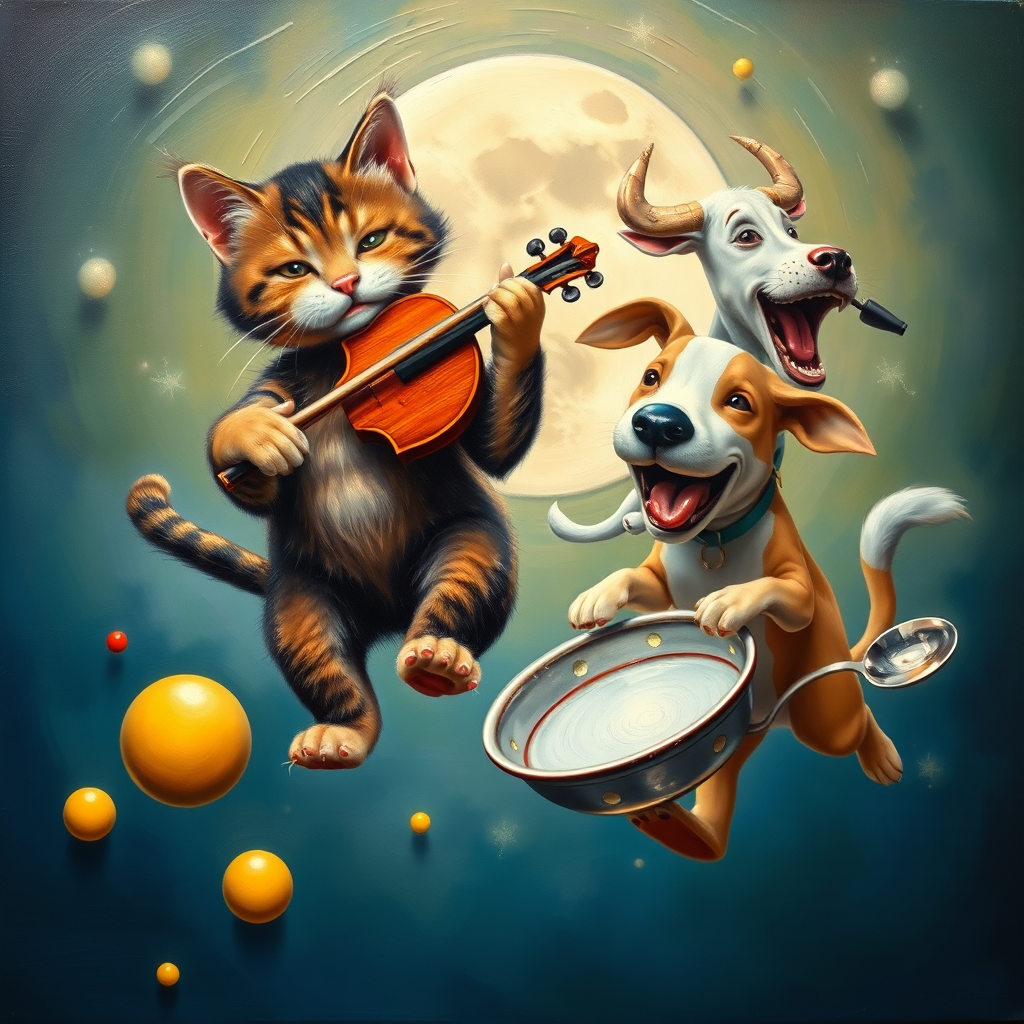 A whimsical hyper vibrant, hyper realistic and hyper detailed image of a cat and a fiddle, a cow jumping over a moon , a laughing dog, and a dish running away with a spoon, oil painting and airbrush
