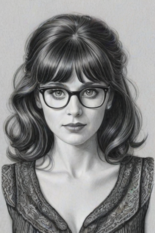 Superb Zooey Deschanel, pencil sketch, portrait of Bewitching woman 1940s in glasses, hair style beatnik, outline, clear lines, fine lines, 8k