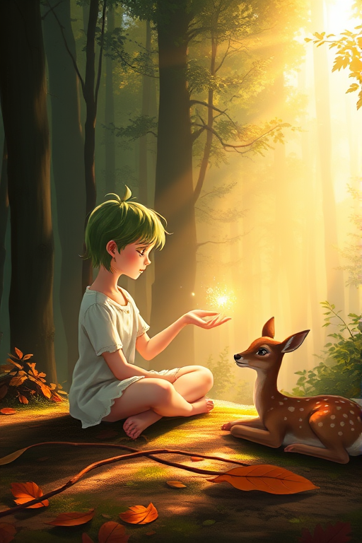 A luminous digital painting of a serene forest scene featuring a barefoot young female, about 7 years old, with green hair and fair skin, dressed in a simple white outfit. He sits cross-legged on the forest floor, gazing at a small, glowing, magical firefly in his hand. Beside him, a delicate spotted deer lies calmly on a bed of dried leaves, observing the scene. The dense forest is bathed in warm, golden light filtering through the trees, creating a peaceful, magical atmosphere with a blend of natural and mystical elements.