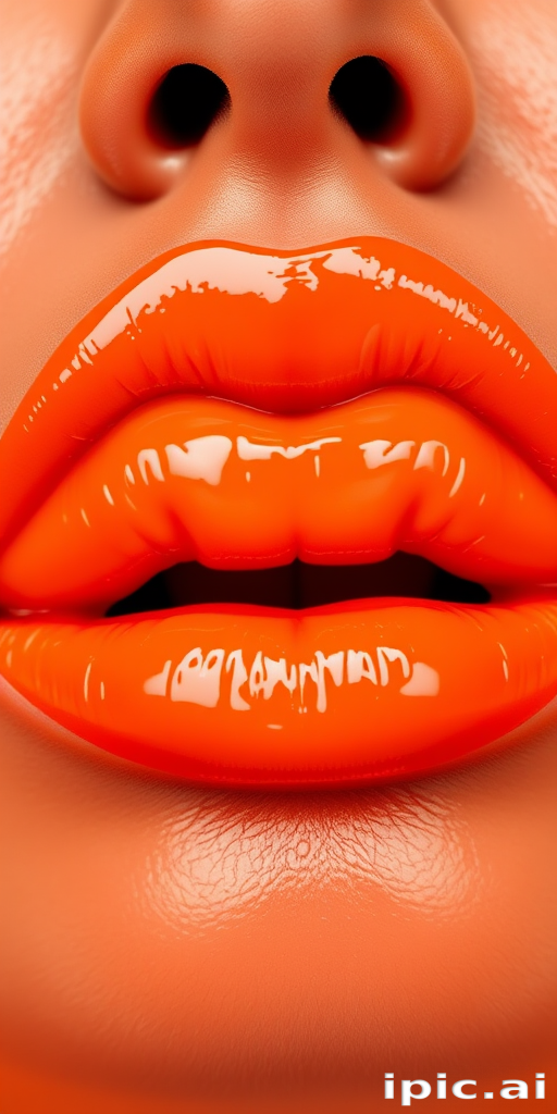 Vivid neon orange lips with high-shine gloss, exaggerated fullness and volume, statement-making brightness, energetic and playful Tangerine Glow Pop look