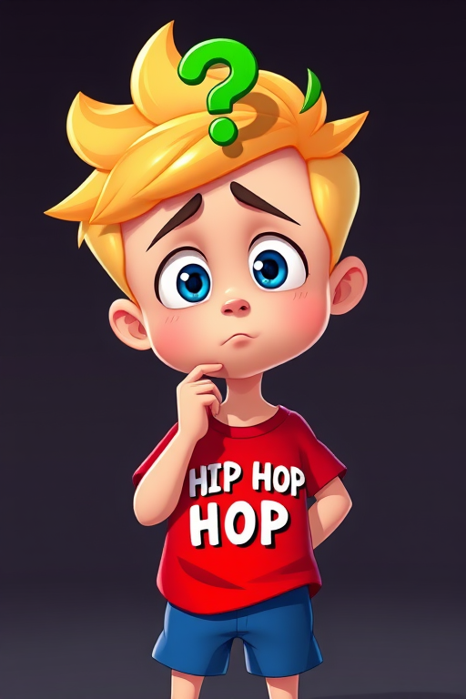 generate an animated character of a confused boy with blonde hair in a red shirt with "HIP HOP" text and blue shorts, standing with a hand on his chin and a green question mark above his head, use a 50mm lens, f/2.8 aperture, ISO 100, and vibrant colors for a high-quality digital illustration