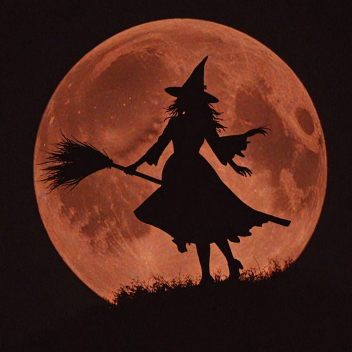 Double exposure, a silouette of a witch on a broomstick centered in the middle of an blood orange full moon.  Any suggestions on getting a good image of a witch on a broomstick centered in the middle of an blood orange full moon.  I tried different generators and changed the wording around.