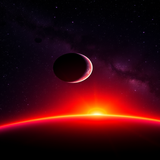 Capture a stunning cosmic scene featuring a glowing planet and a vibrant sunrise in space, with rich orange and purple hues, DSLR camera settings at f/2.8, ISO 100, 1/125s, wide-angle view, low-angle perspective, using HDR imaging techniques for enhanced detail and contrast.