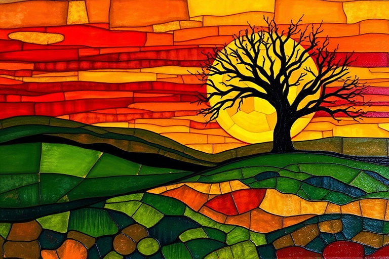A vibrant abstract painting on Tiffany Glass, blending acrylic and alcohol ink techniques, captures a dramatic sunset over rolling hills. The artwork features a textured, rocky foreground in green and brown, layered abstract hills, and a striking sunset in rich oranges, yellows, and reds. A solitary black tree with intricate branches contrasts against the fiery sky, creating a dynamic and expressive portrayal of a breathtaking natural scene.