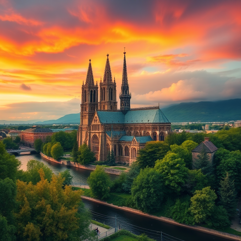 Create a vibrant and detailed image of a grand cathedral with multiple towers, surrounded by lush greenery and a river, under a dramatic sky, using a DSLR camera with a 35mm lens, aperture set to f/8, ISO 200, and a shallow depth of field for a soft focus effect.