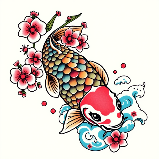 Japanese-inspired koi fish tattoo with dynamic movement and vibrant scales, surrounded by cherry blossoms and traditional wave patterns, symbolizing perseverance and strength in a bold, colorful style