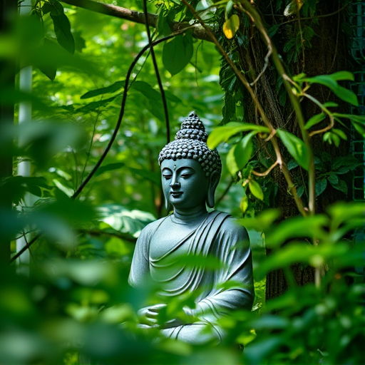 Buddha statue surrounded by lush green foliage, soft natural light, 50mm lens, aperture f/1.8, ISO 200, shot from eye level, DSLR camera, shallow depth of field to create a blurred background.