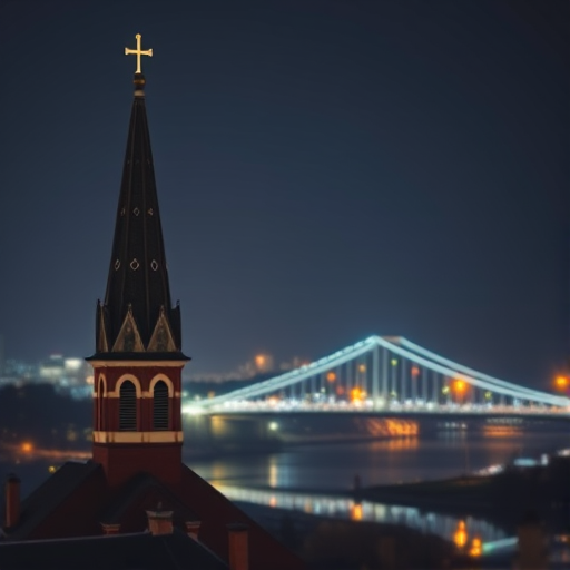 capture a nighttime cityscape featuring a church steeple with a bridge in the background, soft focus for dramatic effect, ISO 800, aperture f/2.8, shutter speed 1/60s, 18mm lens, DSLR camera, long exposure to enhance light trails and details in the sky