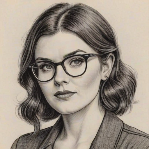 Lovely Aisling Bea, pencil sketch, portrait of Gorgeous woman 1931s in glasses, hair style beatnik, outline, clear lines, fine lines, 8k