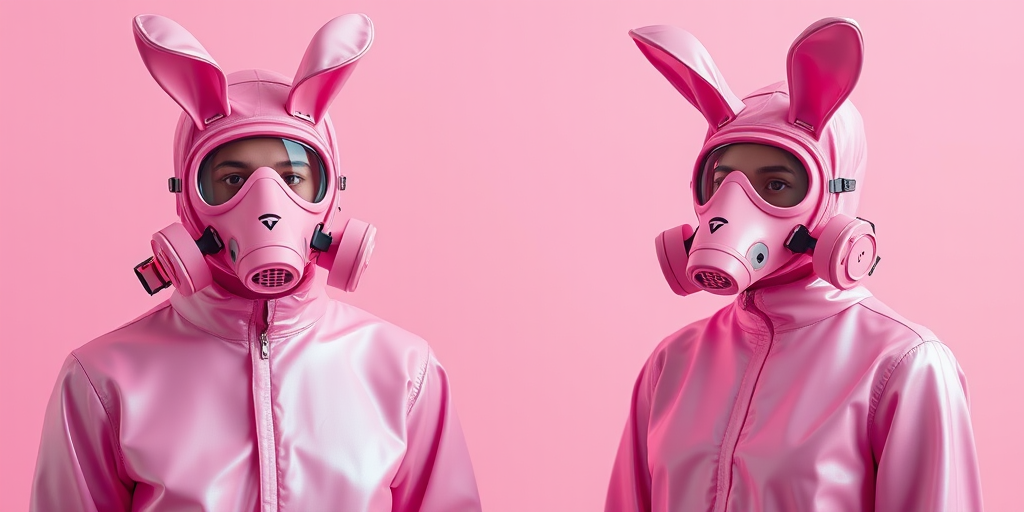 Create a high-resolution image of two figures wearing glossy pink outfits and bunny-like gas masks, standing side by side against a smooth pink backdrop, captured with a Canon EOS R5, 50mm lens, f/1.8 aperture, ISO 100, shot in soft natural light for a dreamy effect.