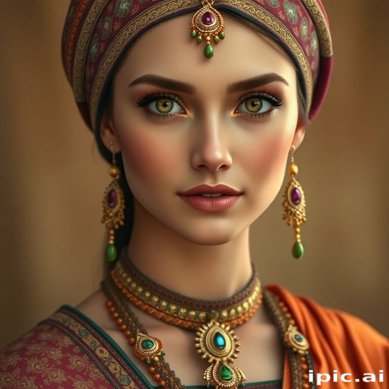 Create a portrait of a beautiful woman with striking hazel eyes and a gentle expression. She is adorned in traditional attire with intricate patterns, including a richly embroidered headscarf and matching garments. Her jewelry includes a delicate headpiece, dangling earrings, and ornate bracelets, all featuring vibrant gemstones and detailed metalwork. The background is soft and warm, enhancing the rich colors of her outfit and jewelry.