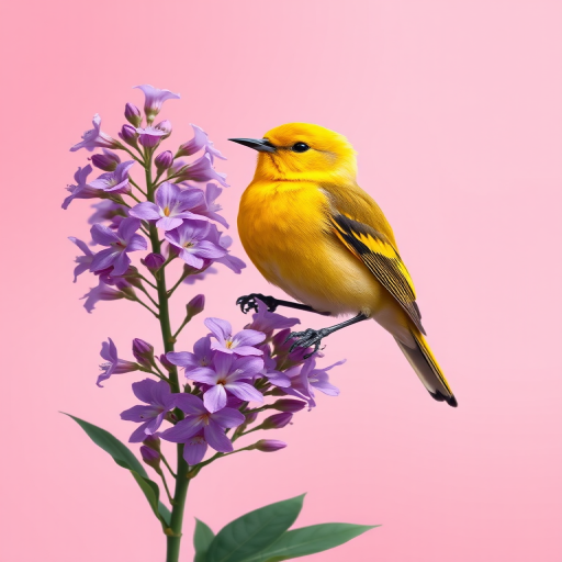 Create an illustration of a vibrant yellow bird perched on a bouquet of purple flowers against a soft pink background, using high-resolution digital art techniques with a focus on sharp details and vivid colors, simulating a DSLR camera with a 50mm lens at f/2.8 for a shallow depth of field, capturing bright and clear lighting.
