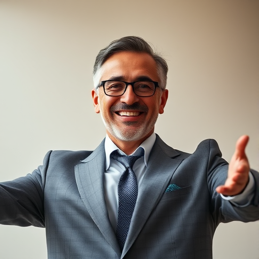 Create a portrait of a smiling man in a suit, arms outstretched as if welcoming, with a soft-focus background, using a Canon EOS 5D Mark IV, 70mm focal length, f/2.8 aperture, ISO 100, natural lighting to enhance image quality.