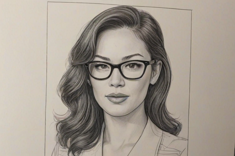 Splendid Lindsay Price, pencil sketch, portrait of Captivating woman 1944s in glasses, hair style beatnik, outline, clear lines, fine lines, 8k