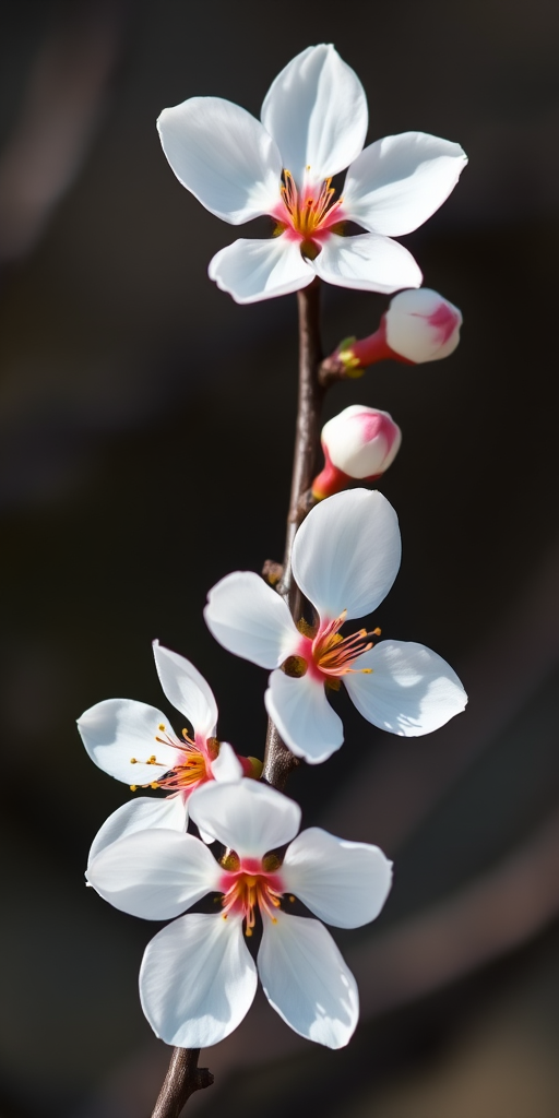 Photograph a close-up of a cherry blossom branch with four white flowers against a blurred dark background, using a DSLR camera with a 50mm lens, aperture at f/2.8, shutter speed 1/200s, ISO 200, in soft natural light to enhance detail and vibrancy.