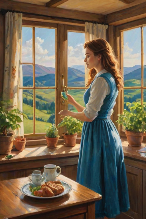 In "A Glass of Beer on the Highland," a serene scene is depicted in a sunlit room where a woman in a vibrant blue dress stands by a large window. She holds a tray with a hearty meal and a frothy glass of beer, embodying a moment of relaxation. Outside, the breathtaking highland landscape features rolling green hills and a charming traditional house, all bathed in warm afternoon light. The interior is adorned with potted plants, creating a harmonious blend of comfort and nature. The painting beautifully captures the tranquility and joy found in simple pleasures amidst stunning scenery
