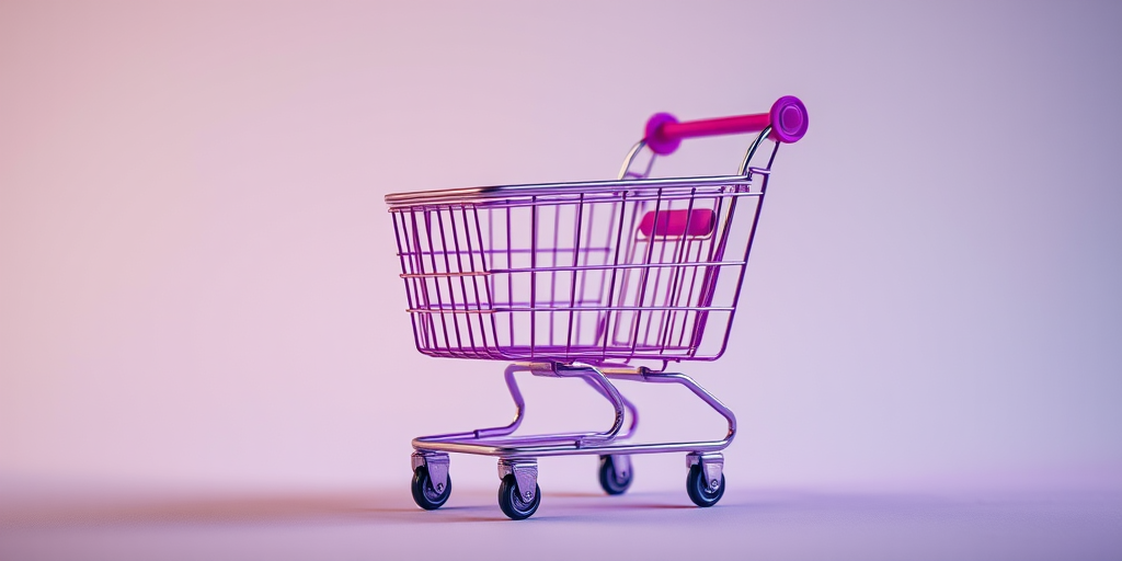 Create a high-resolution image of a metallic shopping cart with a vibrant purple hue, captured using a DSLR camera at f/2.8 aperture, ISO 100, shutter speed 1/200s, in a studio setting with soft diffused lighting and a slight low angle view for depth.