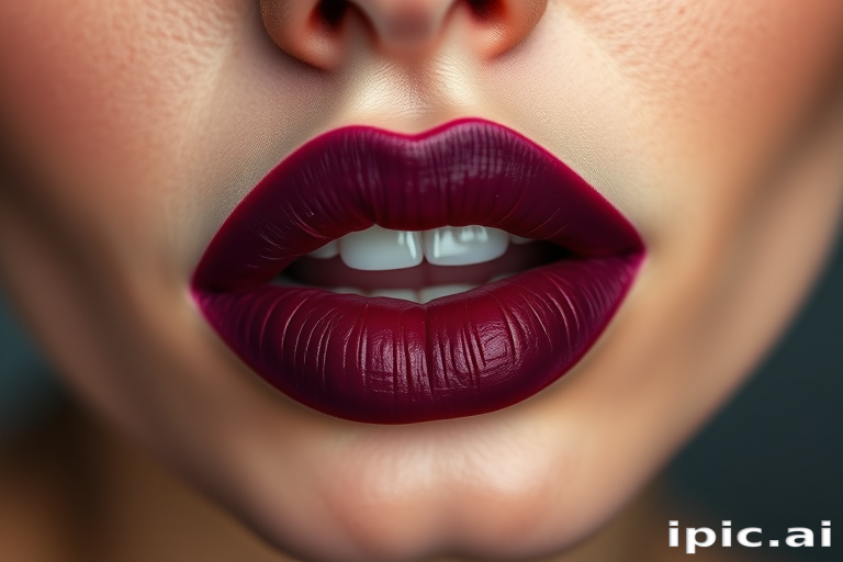 Luscious berry-stained pout boasts a matte finish, showcasing deep purple hues that fade into rich burgundy, capturing attention with its bold and dramatic appearance