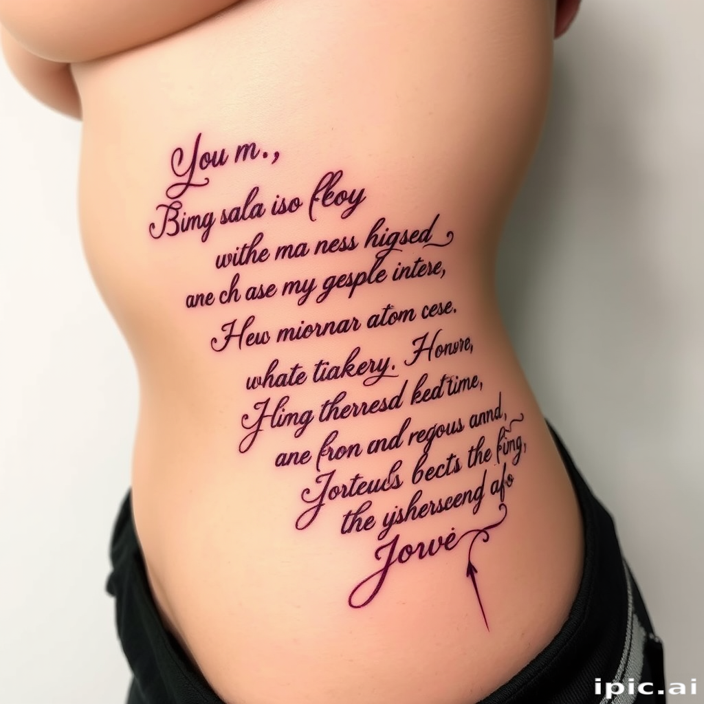 Elegant script body tattoo of meaningful quotes flowing along the ribcage, written in beautiful calligraphy with flourishes and embellishments in deep burgundy ink