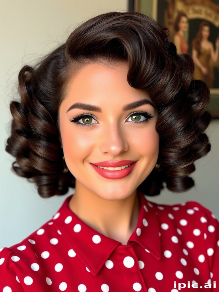 Rich chocolate brown curls with caramel highlights, styled in a voluminous 1940s-inspired pin-up look complete with victory rolls, dubbed Vintage Mocha Dream