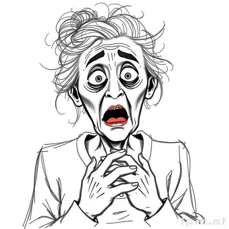 scribbly unfinished sketch, old lady with messy gray hair in a loose bun, surprised expression, mouth open, hands clasped together in front of her chest. Her eyes are wide, eyebrows are furrowed. vibe of shock or surprise.