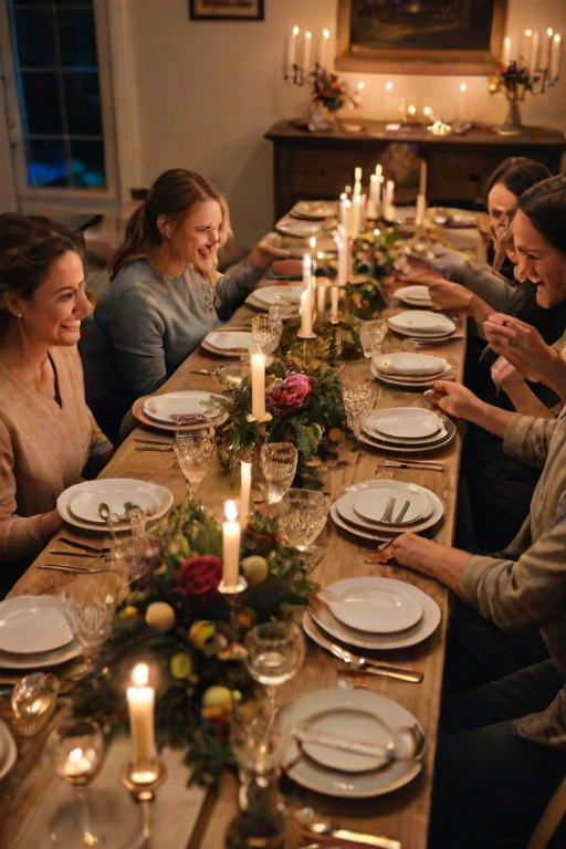 Beautifully arranged table for a family dinner, with candles flickering, delicious dishes served, and laughter filling the room, evoking a sense of togetherness.