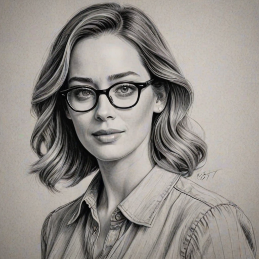 Fetching Emily Blunt, pencil sketch, portrait of Delightful woman 1947s in glasses, hair style beatnik, outline, clear lines, fine lines, 8k