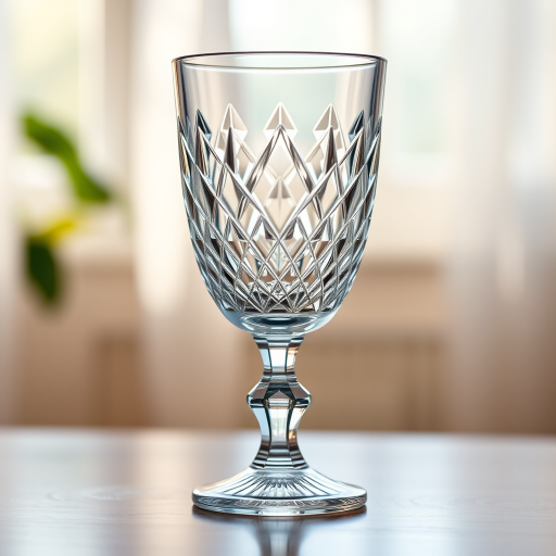 Generate a high-quality image of a crystal goblet with intricate diamond patterns, set against a soft-focus background with natural light, using a DSLR camera with a 50mm lens, aperture f/1.8, ISO 100, shot from a slightly elevated angle to emphasize its details.
