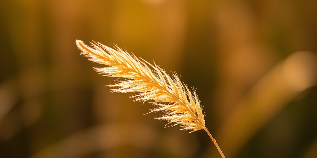 Close-up of a golden grass plume against a soft blurred background, natural sunlight, f/2.8 aperture, 1/200s shutter speed, ISO 100, macro lens, soft bokeh effect, DSLR camera.