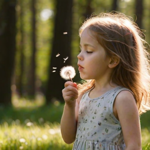 Blurry candid shot of a young girl blowing dandelion seeds into the wind, soft sunlight filtering through the surrounding trees, with distant flowers swaying gently in the breeze.
