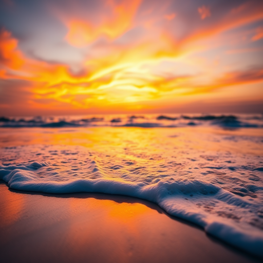 Create an image of a serene beach landscape during sunset with vibrant orange and purple skies, gentle waves lapping at the shore, focus on the horizon, shallow depth of field, ISO 100, f/2.8 aperture, 35mm lens, shot with a DSLR camera, warm color balance, and soft lighting.