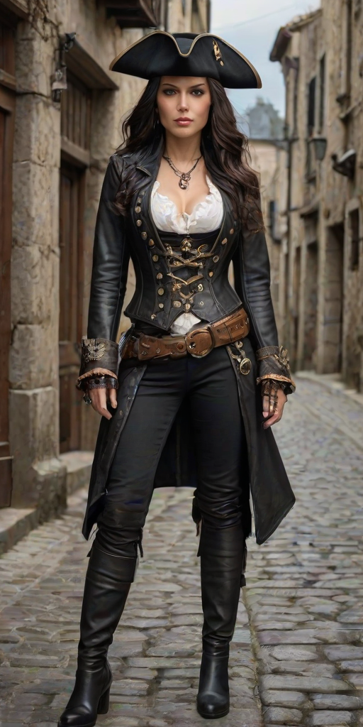 Create a portrait of a fierce female pirate. She wears a leather tricorn hat adorned with a skull and crossbones emblem, and her long, dark hair flows around her face. Her outfit consists of a richly detailed leather jacket, a corset, and multiple layers of belts and accessories, giving her a formidable and stylish appearance. She stands confidently in a dimly lit, historic port town, with a backdrop of weathered buildings and cobblestone streets, capturing the adventurous spirit of a pirate.