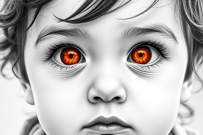 A hyperdetailed photorealistic black and white sketch of a beautiful toddler with deep orange eyes, with a macro focus