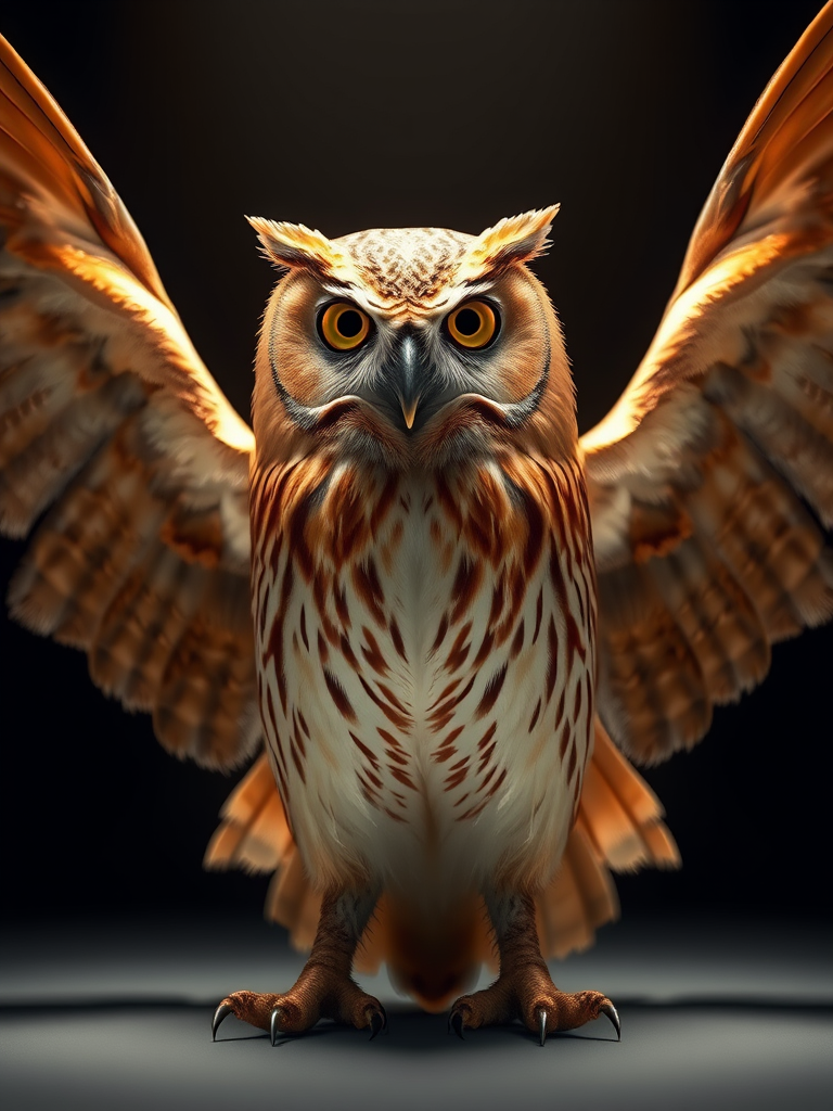 Create a highly detailed 3D rendering of a golden owl with outstretched wings, focused on the intricate feather texture, using a DSLR camera at f/2.8 aperture, ISO 100, and a 50mm lens, with dramatic lighting from above to enhance reflections and highlights.