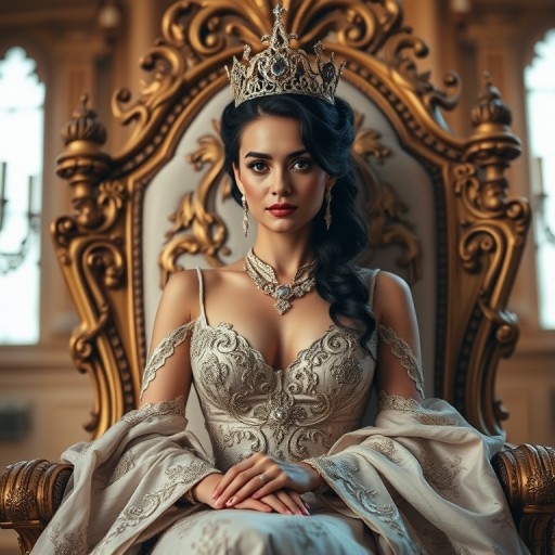 portrait of a regal woman in an ornate gown seated on a grand throne, intricate crown and jewelry, luxurious palace backdrop, soft focus, natural light, f/1.8 aperture, 85mm lens, ISO 100, DSLR camera, high dynamic range, cinematic style