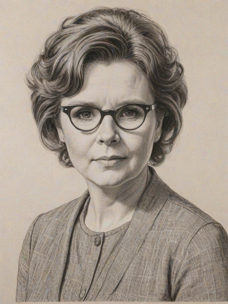 Sublime Imelda Staunton, pencil sketch, portrait of Fetching woman 1971s in glasses, hair style beatnik, outline, clear lines, fine lines, 8k