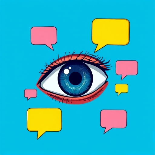 Create an illustration of a large eye surrounded by several chat bubbles on a vibrant blue background, using a digital drawing style, with a resolution of 300 DPI, focal length of 50mm, aperture set at f/8, and a soft lighting effect to enhance clarity and depth.