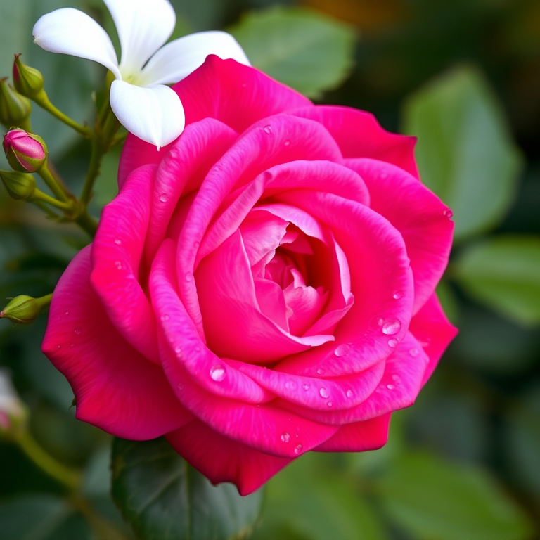 Create a high-resolution image of a vibrant pink rose with water droplets, accompanied by a white flower and green leaves, using a macro lens at f/2.8, 50mm focal length, taken in natural light with a shallow depth of field to enhance detail and color saturation.