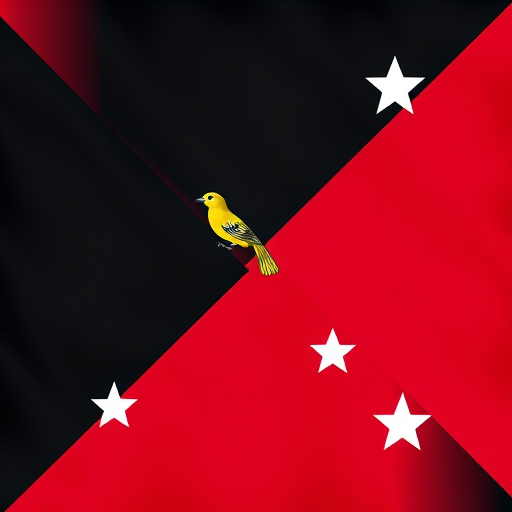 Create an image of the flag of Papua New Guinea featuring the black and red diagonal halves, with a yellow bird of paradise and white stars, using a Canon EOS R5, f/8 aperture, ISO 100, 50mm lens, and a vibrant color style.