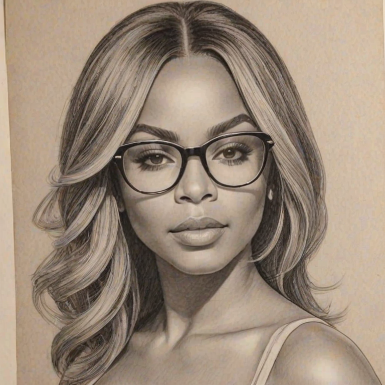 Stunning Ashanti, pencil sketch, portrait of Ravishing woman 1978s in glasses, hair style beatnik, outline, clear lines, fine lines, 8k