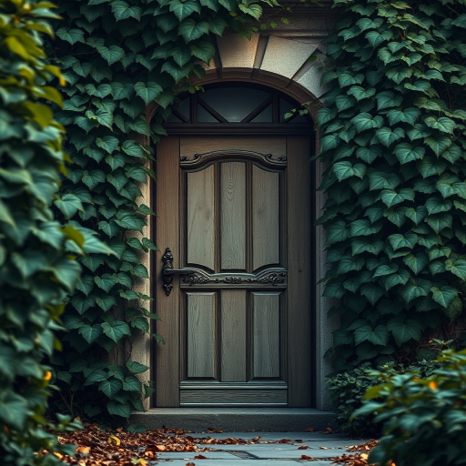 Generate a highly detailed image of an enchanting doorway surrounded by lush green vines and soft lighting, incorporating a DSLR camera type, 50mm lens, f/1.8 aperture, ISO 100, and a shallow depth of field to enhance the focus on the door and surrounding foliage.