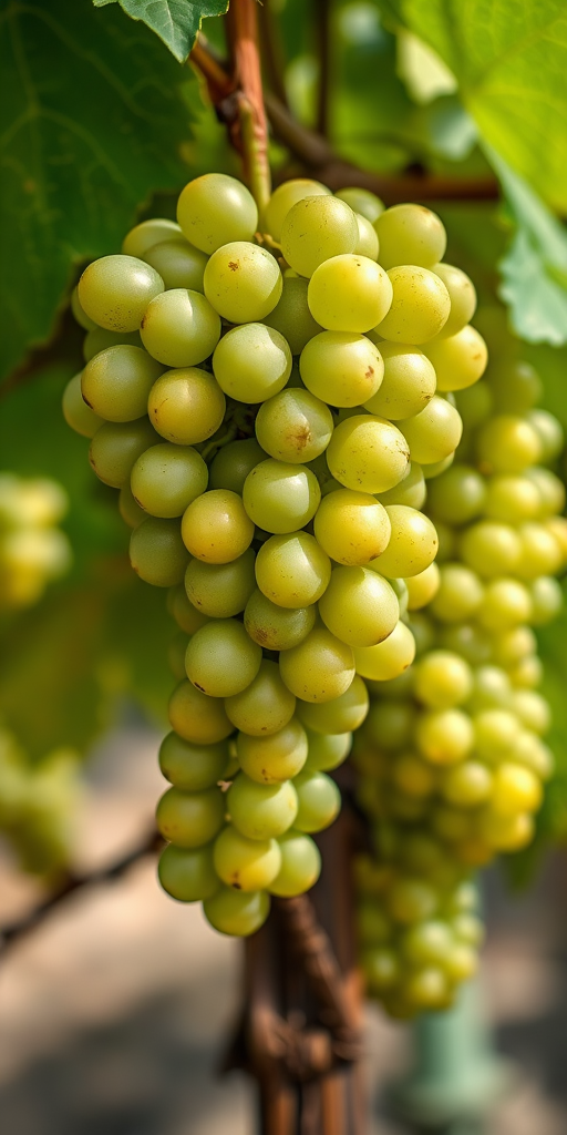 Create a high-resolution close-up image of lush green grape clusters on a vine, using a DSLR camera with a 50mm lens, aperture at f/2.8 for a shallow depth of field, ISO 100, and natural daylight to enhance colors and details.