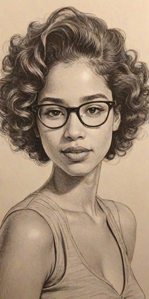 Ravishing Jasmin Savoy Brown, pencil sketch, portrait of Delightful woman 1952s in glasses, hair style beatnik, outline, clear lines, fine lines, 8k