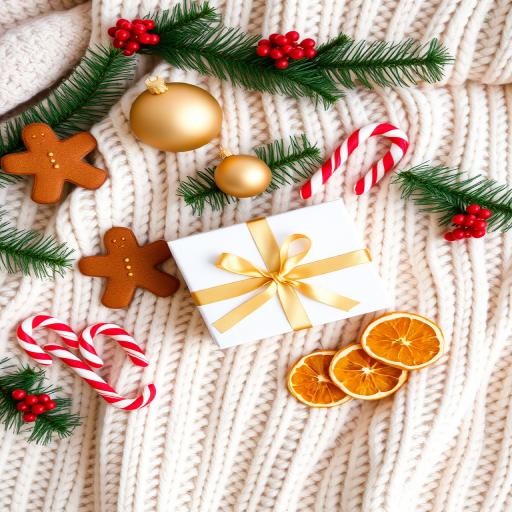 Create a cozy holiday-themed flat lay featuring a knitted beige blanket with decorative elements such as gingerbread cookies, a white gift box with a gold ribbon, a golden bauble, red and white candy canes, miniature pine trees, and dried orange slices arranged neatly to evoke a warm festive atmosphere.