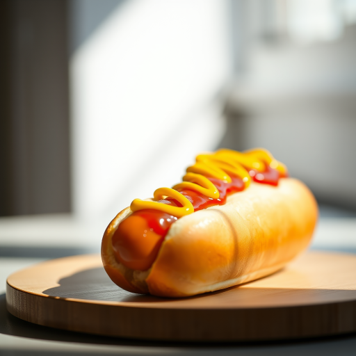 highly detailed photo of a hot dog with ketchup and mustard, shallow depth of field, 50mm lens, f/2.8, ISO 100, natural lighting, studio setting, soft shadows, vibrant colors