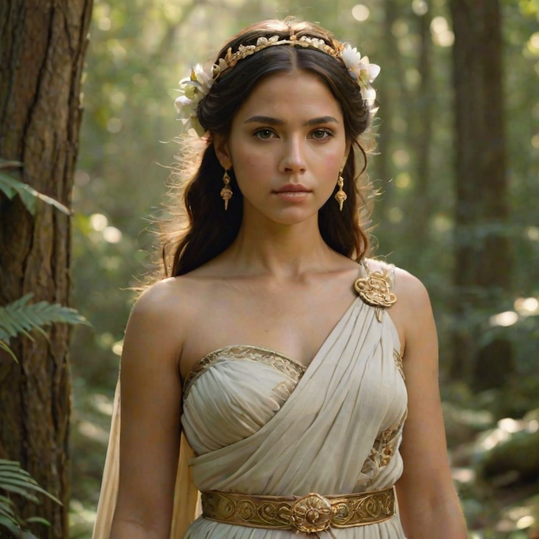 Create a portrait of a goddess-like Inca girl figure in a tranquil, forested environment. She has an elegant appearance with long, wavy hair styled in an updo and adorned with a delicate, floral headband. She wears a flowing, ancient Greek-inspired gown in a soft, pale color, featuring a one-shoulder design and draped fabric that accentuates her graceful form. The outfit includes a decorative belt with ornate gold detailing, and she holds a bow in her hand, with a quiver of arrows slung over her shoulder. The background depicts lush greenery, with sunlight filtering through the trees, casting a gentle, ethereal light on the scene. Her expression is calm and contemplative, embodying a sense of wisdom and serenity.