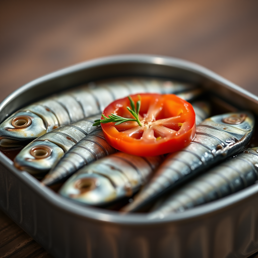 close-up shot of canned sardines arranged neatly in a tin with a slice of tomato and herbs, natural lighting, f/2.8 aperture, 50mm lens, ISO 100, tripod mounted, shallow depth of field, high-resolution DSLR camera